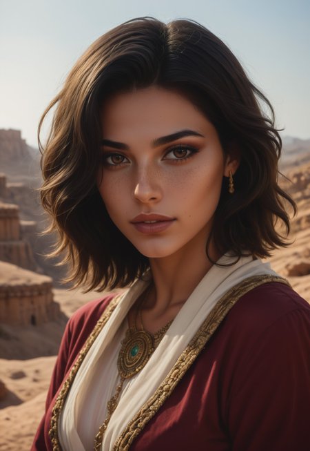 score_9, score_8_up, score_7_up, 1girl, solo, desert nomad, flowing robes with intricate embroidery and desert-inspired patterns, ancient curved scimitar with a polished bronze blade and a wrapped leather handle, long wavy black hair adorned with desert flowers, realistic, cinematic angle, cinematic lighting, slender body, mysterious face, deep brown eyes, vigilant pose
BREAK
standing guard at an oasis in the heart of the desert
BREAK
source_fantasy_art, rating_explicit, expressive, full body, dynamic pose
BREAK
detailed beautiful background, vast desert landscape with rolling sand dunes and distant mirages, lush oasis with palm trees and a sparkling pool of water, ancient ruins and desert creatures, distant mountains with rugged cliffs, mystical atmosphere with a sense of adventure and mystery
<lora:Expressive_H:0.6>Expressiveh, (SimplepositiveXLv1:1.3), (upper body, full clothed:1.85) ((masterpiece)) (ultra realistic, 32k, masterpiece:1.2), (high detailed skin:1.1), (high quality:1.1) (((full clothed))) <lora:DandonFuga_Style_v.2_-_Pony:0.8> 
<lora:add-detail-xl:1> 
<lora:Dynamic Poses:1>