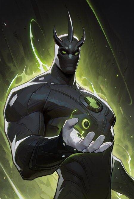 <lora:alienx-09:1> alienx, 1boy, green eyes, horns, matte black skin, upper body, dynamic pose, white hands, wide face, white spots on body,   <lora:AMarvelRivals_style-06:1> MarvelRivals, , , semi realistic, cartoon, powers, black powers, masterpiece, best quality, amazing quality, very aesthetic, absurdres, newest,