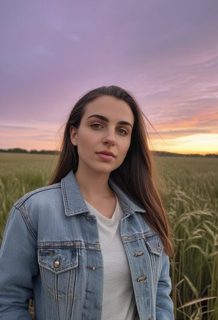 30yo american woman in a wheat field
Small eyes. Brown eyes.
Wearing ripped Denim jacket
no makeup. Clear skin.  realistic skin style
Long dark black slick back hair. No makeup. Dusk, Street light. Looking at camera POV. Slight smile, tilting head.. Tilt head. Hands in head, face, lips.
Medium Close Up shot. Bokeh. Bokeh light. Sunset. yellow, purple sky.