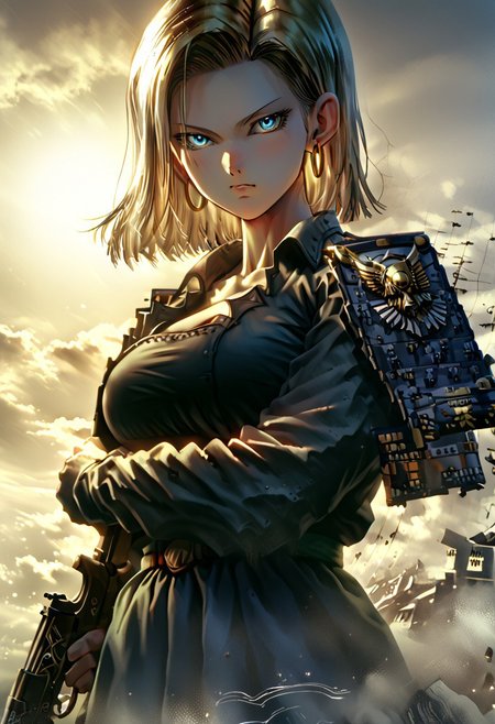 score_9, score_8_up, (cowboy shot:1.5), chest focus, best quality, masterpiece, high contrast, 8k, highly detailed, extremely detailed face, beautiful , Android No. 18, indifferent, blushing, excited, arrogant, side-parted blond hair, slender and perfect figure, (huge breasts: 1.2), thin waist, sexy long legs, beautiful blue eyes, big hoop earrings, wearing Japanese Warring States period armor, holding a Japanese Warring States Period matchlock gun ,  body shot from waist up, detailed background, surreal, HD, extremely detailed, high resolution, cinematic lighting, octane rendering, 8k resolution, Artstation quality, Horizontal viewing angle