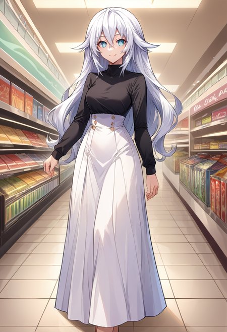 score_9, score_8_up, source_anime, 1girl, solo, BlackHeart, power symbol-shaped pupils, high-waist skirt, long skirt, white skirt, black shirt, long sleeves, smile, standing, indoors, shopping mall, <lora:ChamBlackHeartPonyXL:1>