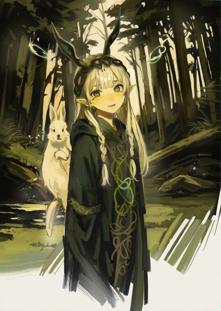by iwzry, by dsmile9, , 
1girl 
extremely beautiful detailed piercing eyes,
1 female druid healing animals in forest. glowing particles, celtic knot, mythical
masterpiece, best quality, high quality, highres, absurdres, very detailed, high resolution, sharp, sharp image, 8k, vivid, colorful, stunning, anime,   aesthetic