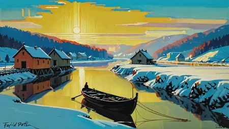 fantasy romania, by Fairfield Porter, painting, landscape of a (wide river used by keelboats to transport goods:1.2) and Snow plow, at Dawn, representational, landscapes, still life, Romantic, Baroque Art, specular lighting, L USM, Vivid Colors, most beautiful artwork in the world, beautiful, <lora:softdigital2x2:1>, shiny, very inspirational, beautiful, atmosphere, highly complex, highly enhanced