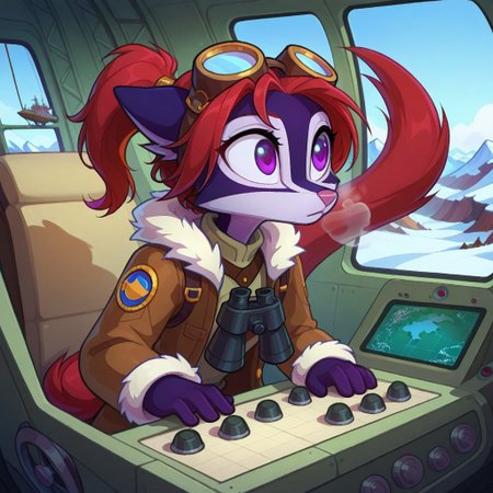 Dreamkeepers,Indi_and_Digo,1girl,solo,furry,tail,source_furry,,red hair,purple fur, purple eyes,
child, kid, 
in a fur-lined coat pilots a steam-powered airship over glaciers. Ice crystals cling to her goggles, and a map of the tundra flutters in her hand. A robotic husky barks at polar bears below, airship, arctic, steampunk, goggles, fur_coat, glacier, map, robotic_dog, polar_bear, ice_crystals, steam_engine, pilot, cockpit, cold_breath, determined_expression, propeller, binoculars, snowy_mountains, dynamic_angle