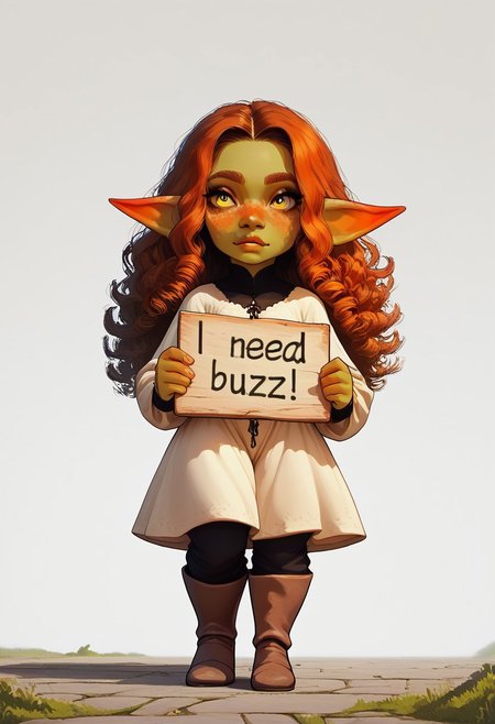 score_9, score_8_up, score_7_up, score_6_up,
Expressiveh, g0th1c, solo, full body.
1girl, Cute,  goblin, green skin,  sgortstack,long hair, red curly hair,  freckles, big yellow eyes, small chest, medieval dress, standing on the side if the road. holding up sign saying "need buzz" 
Midieval streets background.