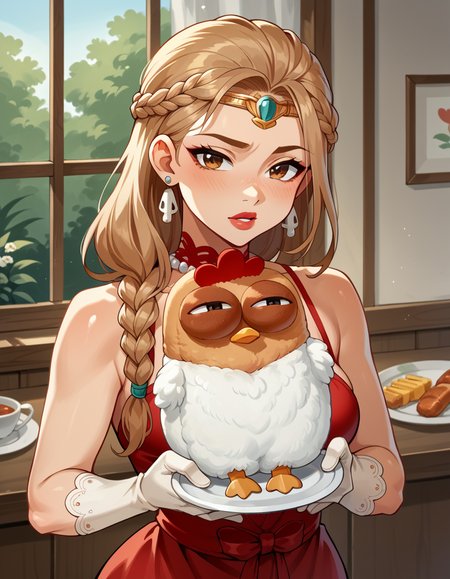 score_9, score_8_up, score_7_up, score_6_up, score_5_up, score_4_up, 1girl, solo, Hakuja, circlet, Dinner gown, gloves, and necklace, Trailblazer, Short, Wide Hips, Triangular Face, Fair Skin, Light Brown Hair, hazel Eyes, Short Nose, Thick Lips, Sharp Chin, Long Hair, Thick Hair, Fishbone Braid, perky breasts, Clip-on earrings, red sheer lipstick,  hud_ch1cken_purs3, bird, animal, chicken, <lora:purse:0.8>