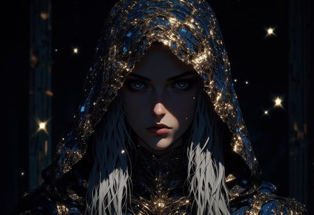 a young woman is standing alone against a gloomy backdrop. She has silver hair and silver eyes. She is draped with a cloak made of patterns from a shimmering starry night sky. The stars are white and gold. Her face is in focus but shadowed by her cloak. The cloak is the only thing illuminating the scene, and it gets darker the further away it is. Her fair skin contrasts softly against the glittering cloak, and her expression is introspective, with slightly parted lips adding a touch of sensuality. The cloak catches the ambient light, scattering it into a dazzling display of shimmering reflections, resembling a star-studded night sky. The dim, ambient lighting enhances the intimate, moody atmosphere, casting gentle shadows that sculpt the contours of her face and body, emphasizing her serene yet enigmatic presence. The composition blends softness and glamour, fusing intimate elegance with a hint of otherworldly magic.