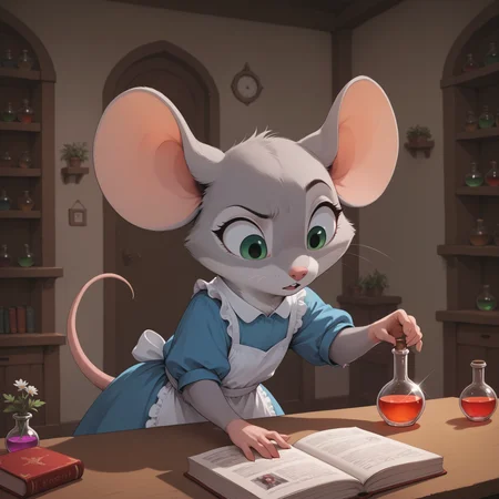 masterpiece, best quality, amazing quality, m0use_istyle, (cute:1.2), toon, mouse, 1girl, grey fur, green eyes, blue dress, apron, frilly, chemistry, alchemy, herbs, herb bundle, potion, vial, flask, apothecary, books, pestle, working, (looking down, reading:1.1), detailed background, , Presenting forward, arm extended, palm up, holding smoking potion, ears down, confused, raised eyebrow, head tilt