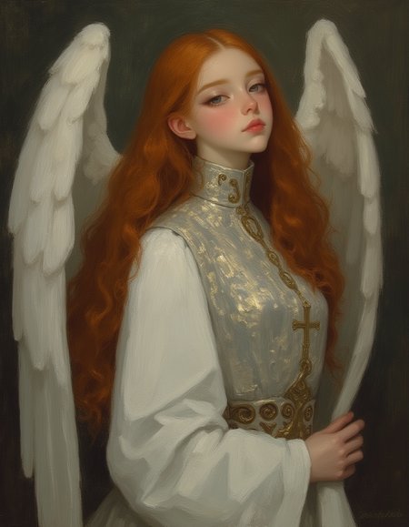 ethereal beautiful teen female angel with large ethereal wings, wearing silver and white robes, in a church, half body portrait, pious look, innocent, realistic, catholic motifs, romantic, enlightenment art, enlighten, holy girl, pale skin, white skin, long red hair, glow, painted by John Singer Sargent, Rembrandt lighting, brush stroke, focus on the girl, novuschroma, vantablack, niji_flux <lora:- Flux1 - vanta_black_V2.0:.8> <lora:113_novuschromaFLX_1:.4>  <lora:MoriiMee_Gothic_Niji_Style__FLUX_LoRA_Test_2:1> <lora:neeeg_f1:-1>