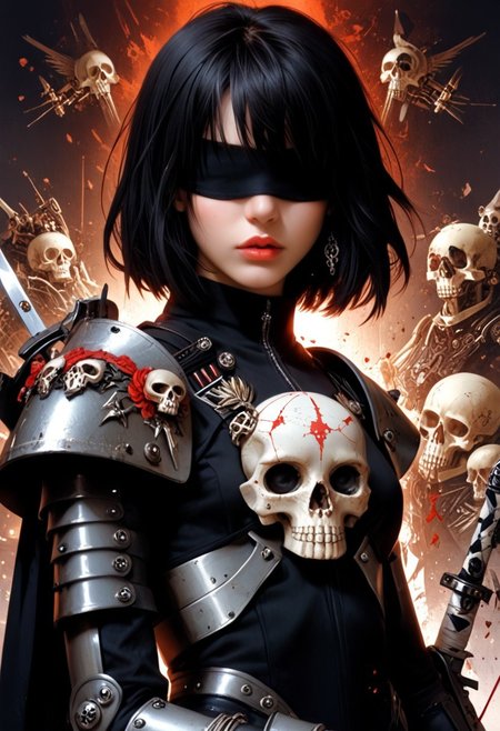 (((black hair))), (((bangs over eyes))), (((black blindfold))), 1girl, russian, Caucasian, (Cinematic Angle),
upper body,
edgAdepta, 1girl, solo,bob cut, weapon, white hair,one handed sword, lips, blood, rose, gauntlets, skull ,wearing edgAdepta,power armor,pauldrons,skull emblem,  <lora:edgIllustriousXLAdeptaSororitas-000004:0.85>
very aesthetic, masterpiece, best quality, very aesthetic, highres, absurdres, sensitive