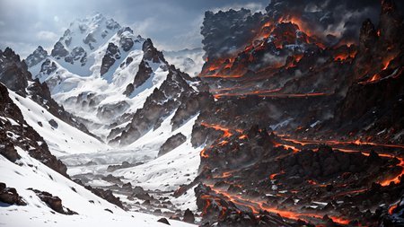 realistic analog photo, award winning photo,
 <lora:Fantasy_Mountains:0.75> snowy mountain, mountain range, avalanche, granite rock, snow,
<lora:RealmsOfFire:0.75> refi, hellish landscape, volcano, lava flows, lava rivers, ,
RAW, highres, 8k, uhd, High Dynamic Range, tonemapping, crisp details,