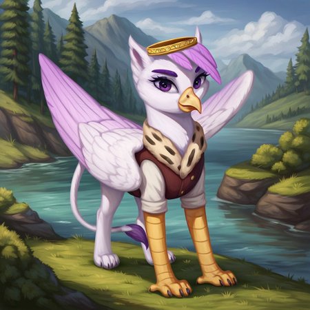 masterpiece, score_9_up, score_8_up, score_7_up, score_6_up, (best quality:1.2), ultra-detailed, high resolution, solo, Taillow Sumpfkiel, countess, griffon, griffon oc, avian, feral, female, (((beautiful detailed purple eyes))), long eyelashes, purple eyebrows, yelow beak, wings, closed mouth, smile, white feathers, feathery ears, pink feather hair, modest gold crown, detailed facial features, full body, standing, expressiveh, highly visible, sharp focus, anatomically correct, detailed background, outside, outdoors, spruce forest in the background, river with a rocky outcrop