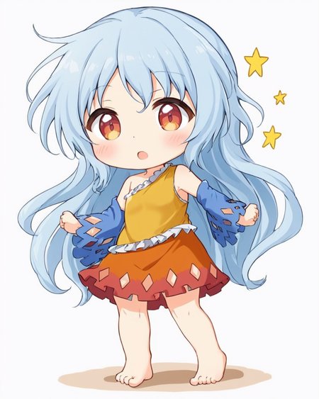 sakata nemuno,1girl, solo, open_mouth, barefoot, white_background, single_strap, full_body, detached_sleeves, simple_background, multicolored_dress, traditional_media, chibi, blue_sleeves, looking_at_viewer, orange_dress, :d, blush, red_dress, bare_shoulders, yellow_dress, standing
<lora:sakata_nemuno_image573_2023-12-20-000015:1>,star-shaped_pupils,symbol-shaped_pupils,. gorgeous,key visual, vibrant, studio anime,award-winning, professional, highly detailed,high budget, cinemascope