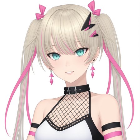 lia, arm strap, bare shoulders, triangle fishnets, hair ornament, jewelry, long hair, looking at viewer, streaked hair, pink bow, pink ribbon, ribbon, solo, black white and pink sportswear, bolt earrings, twintails, oval eyes, anime drawing, platinum blonde hair,
basic background, looking at viewer
 <lora:LIA-XLv2-t1-000004:0.6>