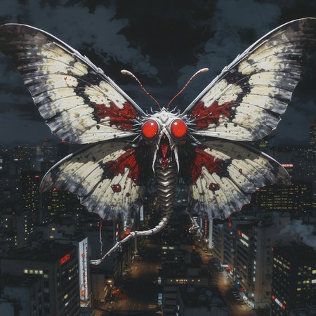 Anime picture, a huge moth made out of skeletons, with glowing red eyes, its mouth is dripping with blood, flying down on to an abandoned city, in the style of Katsuhiro Otomo