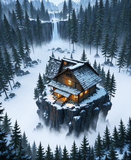 masterpiece, best quality, amazing quality, very aesthetic, perfect eyes, Sinozick_illu, crestyle, Sinozick_illu, gr4ph1t3,
,outdoors, sky, tree, no_humans, building, nature, scenery, snow, forest, mountain, house, fog, pine_treeA stunning digital painting of a small wooden cabin perched on a rocky cliff, surrounded by dense evergreen trees. The cabin has a sloped roof and is lit by warm, dimly lit windows, creating a serene atmosphere. The background features a waterfall cascading down into a misty, ethereal landscape. The lighting is soft and diffused, casting gentle shadows. The overall mood is eerie and mysterious.
