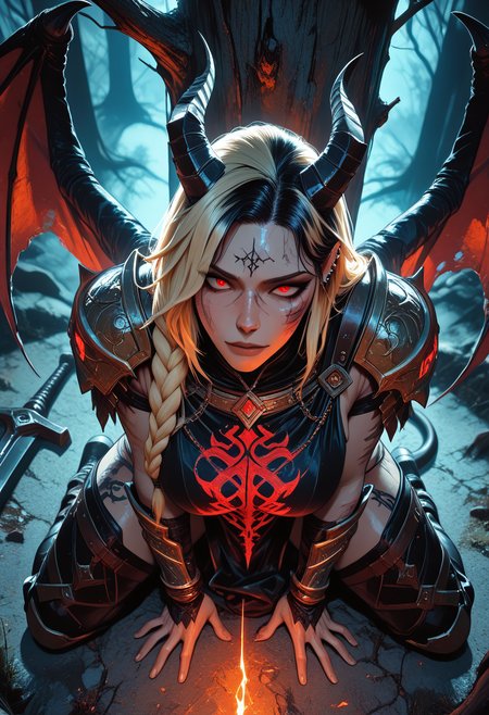 highres, very detailed, amazing quality, masterpiece,
very aesthetic,
particle effect,

1girl, Demon Queen, Warrior Queen, horns, wings, tail, long braided hair, Black hair, red eyes, perfect eyes, scars, scars on face, blonde highlights in hair, beautiful, Large breasts, perfect body, muscle tone, cross tattoo, tattoos, arm tattoo, leg tattoo, neck tattoo, piercings, armor, tabard, red and black tabard, armor plating, jewelery, enchanted armor, enchanted sword, engraved armor, greatsword, long sword, curvy, 

dark forest, foreshortening, night, at night, dark forest, dark, foggy, witchcraft symbols hanging from tree, symbols carved into trees, ritural markings, ominous, eerie,  

Kneeling on ground, submitting, submission, hands on knees, 

(From above:1.2, View from above:1.2, close up:1.2), 
