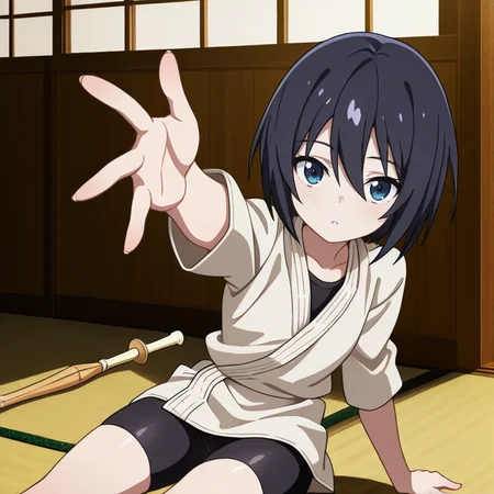 <lora:IL_Yamoto_Koki:1>,nin_sly_k,1girl,solo,Yamoto Koki,short hair,black hair,blue eyes,
dougi,bike shorts,shinai,
tatami,reaching towards viewer,sit,arm support,, masterpiece,best quality,amazing quality,very aesthetic,absurdres,