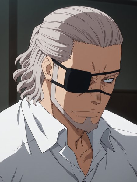 Leonard Burns, eyepatch, beard, shirt, facial hair masterpiece, best quality, amazing quality, 1 boy, solo, male focus