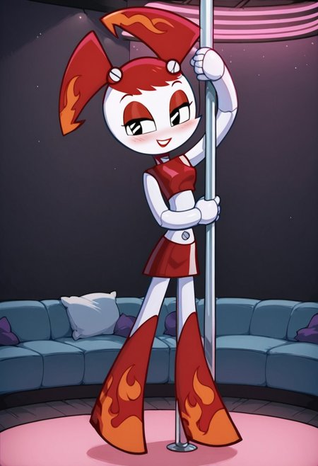 score_9,score_8_up,score_7_up, Expressiveh, Jenny, 1girl, solo, hot rod jenny, robot joints, twintails, red hair, black eyes, red tube top, red skirt, orange flame accents, sexy, come hither, seductive, red blush, red eyeshadow, standing, red knee boots, pole dancing, small breasts,  BREAK, detailed background, pink, pink lighting, indoors, 90s neon lights, stripper stage, dance floor, stripper pole, BREAK, cowboy shot, BREAK, vibrant colors, cinematic lighting, 75% soft lighting, 25% dark lighting