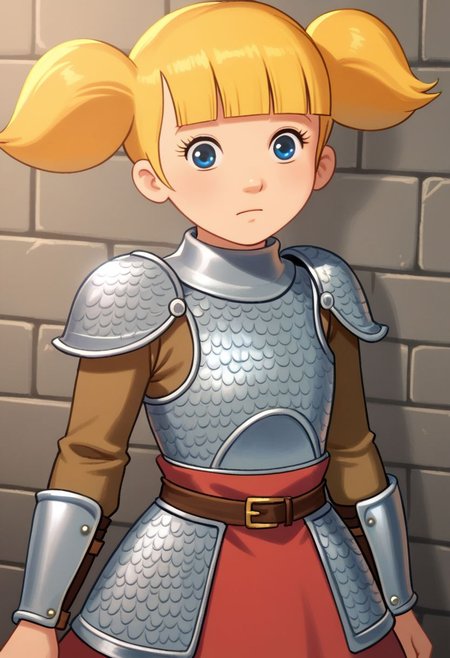 score_7_up, BREAK, penny \(inspector gadget\), 1girl, solo,blonde hair, twintails, blunt bangs, blue eyes, chainmail, medieval armour, skirt