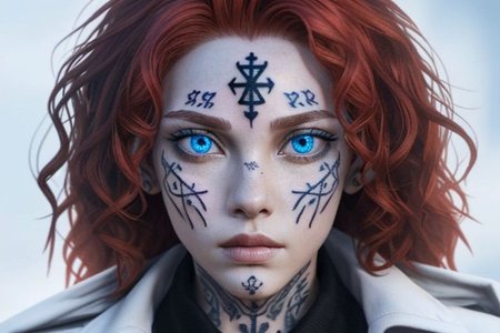 bright red hair, human female, (feminine:1.7), (beautiful face, detailed face:1.6), (beautiful eyes, detailed eyes:1.7), (looking at viewer, eye contact, intense:1.6), (long hair, red hair, curly hair:1.3), , ((masterpiece, best quality, high resolution, realistic, best quality,)), photo realistic, Perfect Face, (detailed face). <lora:GoodHands-vanilla:0.6> <lora:add-detail-xl:0.8>, mage, (Dress White military uniform coat), dagger, rune dagger, glowing runes, , (((glowing magic symbols tattoos, religious tattoos))), ((face tattoos)), glowing tattoos, stone tower in the background