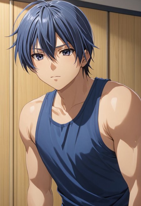Tomoya Okazaki, masterpiece, best quality, 1boy, solo, male focus, High definition, grey blue hair, 4K, gym boy