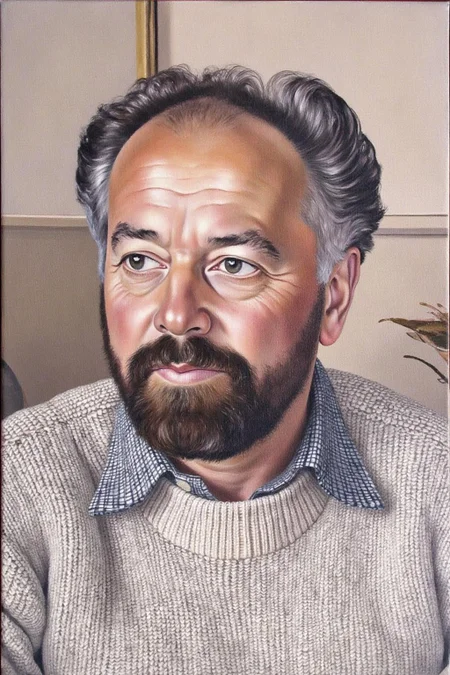 sspencer1 painting.
A painting of a middle-aged man with a full beard and receding hairline. He wears a chunky, off-white knitted sweater with a subtle pattern of horizontal lines, adding a textured detail to the painting. <lora:sspencer1_cap_d6a3:1.0><lora:832109489650940424:0>