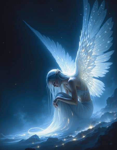 A glowing figure with long, soft, white hair sits curled up, hugging their knees. Their body is barely visible as it is surrounded by two enormous, translucent wings that are light blue with subtle gradients to white. The wings have delicate feather details and glow with embedded stars, some of which are dripping golden light, like small streams of stardust. The figure's skin is pale and the face is obscured by the angle and the wings. The scene is highly ethereal and dreamlike, capturing the peaceful and emotional mood of solitude. The lighting is soft, with the glow from the wings being the primary source of illumination. The overall atmosphere is magical, serene, and celestial, with the deep blue background enhancing the contrast of the glowing wings and stardust.   <lora:dark_fantasy_flux:0.83> <lora:FredFraiStyle-FLUX-Share:0.63> <lora:sxz-Dark-Fantasy-v2-Flux:0.33> drkfnts style,