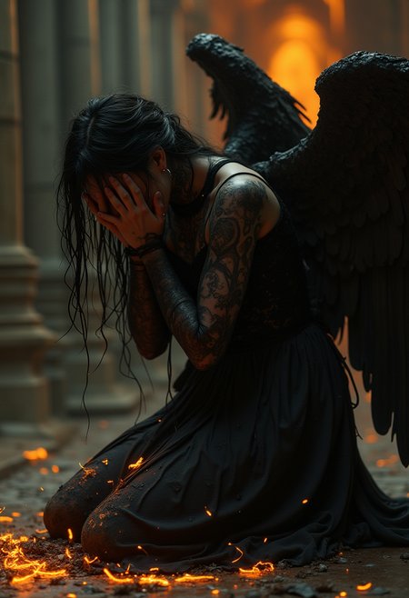 close-up of a depressed gothic female angel with electric orange Drana's Emissary kneeling down praying for forgiveness, crying, cathedral, altar, desperate, Twin Suns, sorry, Messy, ragged