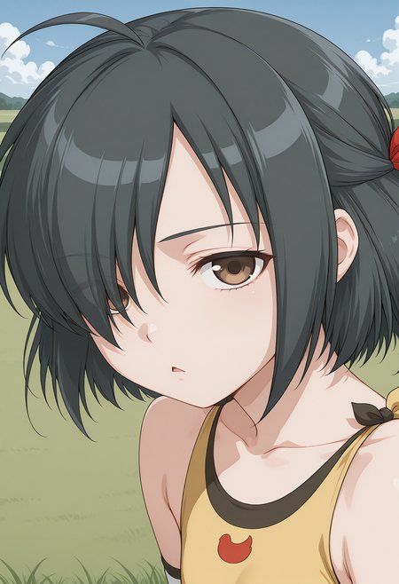 hoshino_chiyoru, triangle mouth, brown eyes, hair over one eye, black hair, ahoge, hair ribbon, yellow leotard, wrestling outfit, <lora:hoshino_chiyoru_illustrious_ver1:0.8> 
expressionless,, masterpiece, best quality, sensitive,, 1girl, solo, blue sky, (grasslands:1.2), looking at viewer,, (upper body:1.2), (open eyes:1.4), (portrait:1.4)