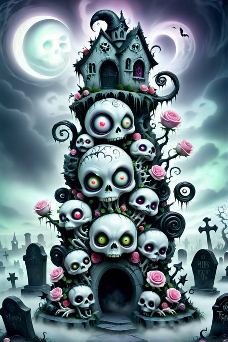 Dreamscape Graveyard - A vast, dreamlike, gothic, fairy graveyard with twisted tombstones of various sizes and shapes, some with surreal, exaggerated designs. Giant roses with thorns twist around the tombs, while oversized ravens with glowing eyes perch atop the gravestones. A foggy, swirling sky looms above with hints of strange, otherworldly symbols. <lora:EnvyPastelGoth02-prodigy-batch6:1> <lora:SDXLFaeTastic2400:1> <lora:Goth_SDXL_V1:1> <lora:LowBrowXL:1> <lora:GothGirlLorav0.1:1>