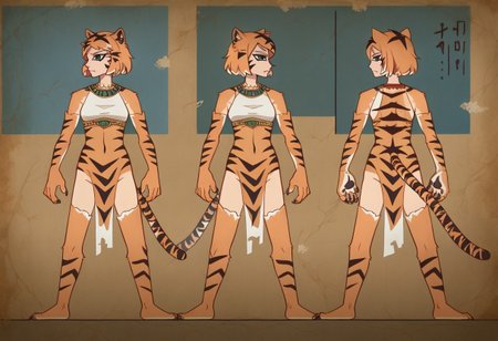 score_9, score_8_up,score_7_up,score_6_up, source_anime,  
FauxEgyptian, standing, full body, black eyes, crack,  old,dusty,
valerie, tiger girl, orange fur, tiger stripes, facial mark, animal hands, claws, animal ears, animal print, tiger tail, from side, multiple views, dancing, reference sheet, 
<lora:FauxEgyptian_XLPD:1>
<lora:orcmassage_valerie_ponyXL:0.9>
