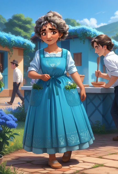Julieta Madrigal walking through a field of blue flowers, in a completely blue sky.
Julieta,1girl,tanned skin,curly black and gray hair tied in a bun,hazel eyes,blue dress with a blue kitchen apron,brown flat shoes, gold earrings
score_9, score_8_up, score_7_up,source_anime,BREAK,