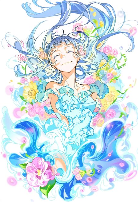 1girl, solo, closed eyes, smile, flower, long hair, dress, bare shoulders, floating hair, frills, colorful <lora:yoneyamaiXL_NBVP1_lokr_V6311PZ:0.95>