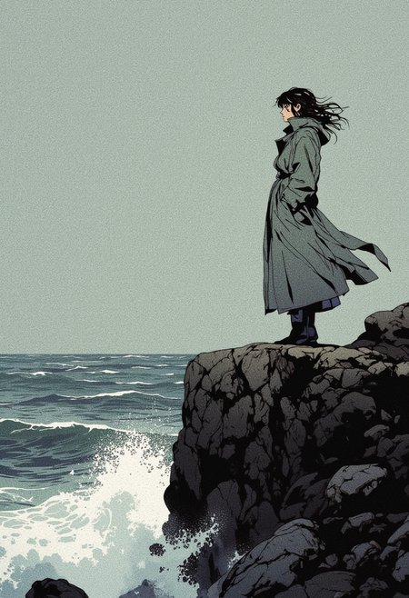 A woman stands on a cliff edge overlooking a gray, turbulent sea. She wears a long, nondescript coat that flutters slightly in the cold wind. Her expression is unreadable as she stares into the distance, framed by dark, jagged rocks around her. The atmosphere is bleak and solitary, with only the crashing waves breaking the silence., <lora:models\Flux\RetroAnimeFluxV1:0.8>, <lora:models\Flux\CPA:0.55>,, illustration