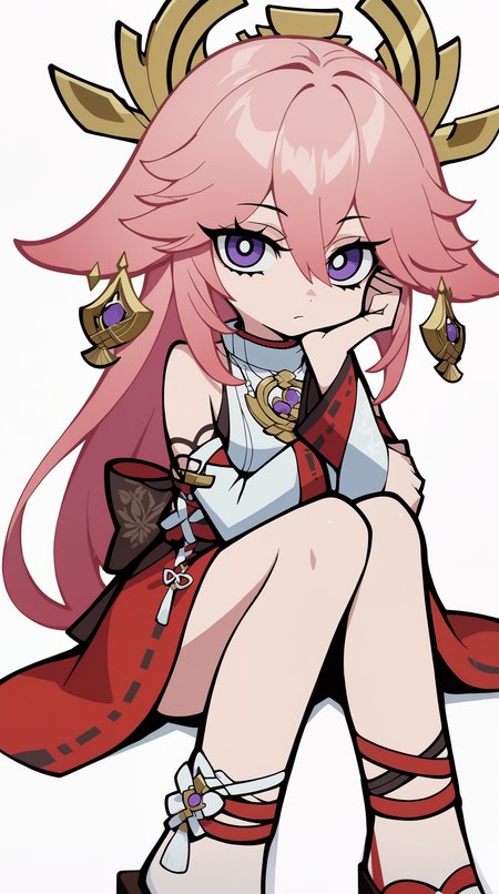 score_9, score_8_up, score_7_up,anime_source, source_anime, best background, detailed background, anime screencap,simple background, white background,    zzzemoji, 1girl, solo, purple eyes, pink hair, long hair, white background, hair between eyes, looking at viewer, detached sleeves, simple background, sitting, japanese clothes, animal ears, fox ears, jewelry, bangs, hair ornament, earrings, sandals, bare shoulders  <lora:ZZZ_Emoji_style_PONY:1>