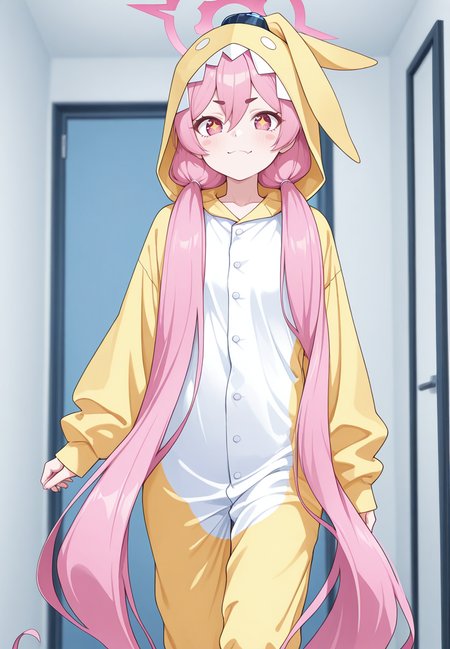 zPDXL3, score_9_up, score_8_up, score_7_up, ,Masterpiece,(perfect female body:1.2), small waist, (incredibly detailed:1.4), beautiful fingers, looking at viewer,  <lora:Kurosaki_Koyuki_-_Blue_Archive_Kaleid_Illustrious:1>kurosakikoyuki_\(arknights\), 1girl, pink hair, very long hair, twintails, pink eyes, sparkling eyes, halo, pajamas, long sleeves, hood, walking, indoors,