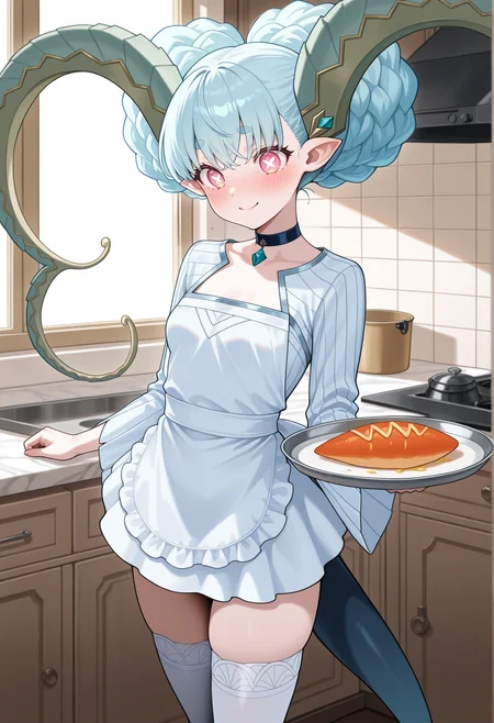 1girl, horns, pointy ears, blue hair, symbol-shaped pupils, pink eyes, double bun, braid, choker, short dress, white dress, long sleeves, thighhighs, tail, smile, blush, apron, indoors, kitchen, standing, holding tray, small breasts, pankakes  <lora:tiamat_illus:1>, masterpiece, best quality, amazing quality, very aesthetic, absurdres, highres, newest