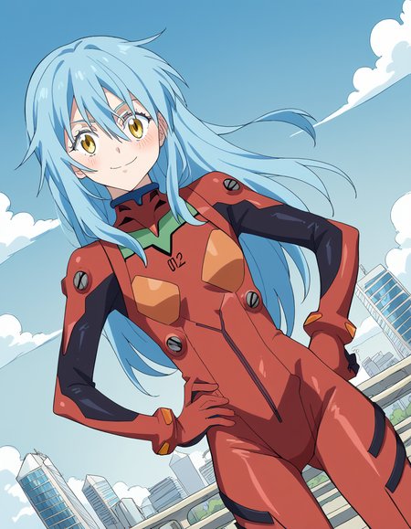 score_9, score_8_up, score_7_up, source_anime, <lora:rimuru-tempest-s3-ponyxl-lora-nochekaiser:1>, rimuru tempest, long hair, hair between eyes, blue hair, yellow eyes, androgynous,, <lora:souryuu-asuka-langley-cosplay-ponyxl-lora-nochekaiser:1>, souryuuasukalangleycosplay, souryuu asuka langley (cosplay), bodysuit, pilot suit, plugsuit, red bodysuit, interface headset,, cityscape, smile, blush, hands on hips,, , cowboy shot, dutch angle
