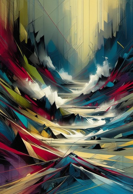 by carne griffiths daring, melancholic. abstract expressionist meets surreal. huge wave of swirling ink & watercolor lines in muted yellows & greys looms over choppy blue sea. three tiny boats with terrified people below. intricate linework throughout. vibrant splashes of red, green & purple amid chaos. lower third: vertical lines reflect scene in water. top-down perspective. overwhelming dread, human vulnerability vs nature's power. abstract.