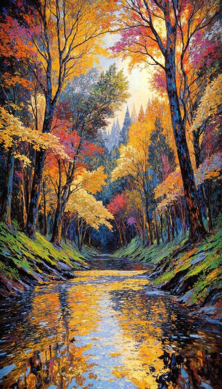 FFAIM,gold dust,DB4RZ style painting,golden cracks on white,mad-glwnggltch,horizontal brush stroke pattern,klimt, dyad color in fine details, An autumnal riparian scene rendered in a painterly, impressionistic style. Capture the ephemeral interplay of light and shadow as the sun filters through a dense canopy of deciduous trees. Utilize a rich, chromatic palette, emphasizing warm hues of gold, crimson, and ochre in the foliage contrasted against a cool, cerulean sky peeking through the branches. Employ a dynamic, three-quarter shot with a low camera angle to evoke a sense of intimacy and immersion within the woodland setting. Focus on capturing the shimmering reflections of the trees in the gently flowing stream, using soft brushstrokes to depict the dappled light and abstracting details to evoke an ethereal ambiance.