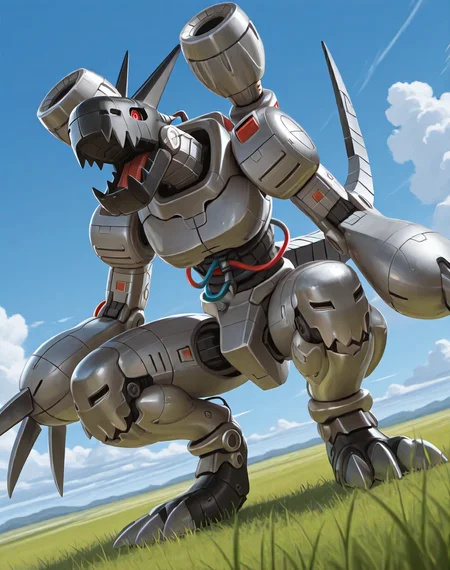 <lora:Machinedramon_(Digimon)_(Illustrious)_(AD):1.35> Machinedramon, robot, machine, 
((
exterior, science fiction, blue sky with clouds, grass, 
dutch angle, dynamic action, male focus, villain, solo, powerful, superiority, 
)),
BREAK: very awe, aesthetically pleasing, masterpiece, best quality, amazing quality, very aesthetic, depth of field, absurd details, depth of field, atmospheric rendering, natural shading, soft shading,
BREAK: lazympos, lazypos (3),