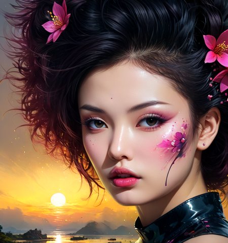 photograph Ink illustration, sunset, wind blowing, Flying petals, flowers in her hair, cute, piercing gaze with sparkling eyes, black and gray, reflection, fog, eerie light, center shot, limited palette, tense, disturbing, unsettling, one isolated magenta stain, ink splatters, ink spots, sharp focus, vibrant, rich colors, linquivera, ais-sinisterz, digital painting, artstation, concept art, smooth, sharp focus, illustration, art by Carne Griffiths and Wadim Kashin, magenta, black, and gray colors, Masterpiece, Best quality, Ultra-detailed, ((Taiwanese:1.7) + Circular Face, Mediterranean Eyes, [eye color amber], Nose with an Alluring Hook Shape, protruding upper lip, round cheeks, cleft chin), l, extremely detailed face eyes lips nose, realistic eyes, detailed skin texture, realistic, photorealistic, ultra detailed eyes and face, 50mm . cinematic 4k epic detailed 4k epic detailed photograph shot on kodak detailed cinematic hbo dark moody, 35mm photo, grainy, vignette, vintage, Kodachrome, Lomography, stained, highly detailed, found footage, HDR photo of Ink illustration, sunset, wind blowing, Flying petals, flowers in her hair, cute, piercing gaze with sparkling eyes, black and gray, reflection, fog, eerie light, center shot, limited palette, tense, disturbing, unsettling, one isolated magenta stain, ink splatters, ink spots, sharp focus, vibrant, rich colors, linquivera, ais-sinisterz, digital painting, artstation, concept art, smooth, sharp focus, illustration, art by Carne Griffiths and Wadim Kashin, magenta, black, and gray colors, Masterpiece, Best quality, Ultra-detailed, ((Taiwanese:1.7) + Circular Face, Mediterranean Eyes, [eye color amber], Nose with an Alluring Hook Shape, protruding upper lip, round cheeks, cleft chin), l, extremely detailed face eyes lips nose, realistic eyes, detailed skin texture, realistic, photorealistic, ultra detailed eyes and face . High dynamic range, vivid, rich details, clear shadows and highlights, realistic, intense, enhanced contrast, highly detailed, Ink illustration, sunset, wind blowing, Flying petals, flowers in her hair, cute, piercing gaze with sparkling eyes, black and gray, reflection, fog, eerie light, center shot, limited palette, tense, disturbing, unsettling, one isolated magenta stain, ink splatters, ink spots, sharp focus, vibrant, rich colors, linquivera, ais-sinisterz, digital painting, artstation, concept art, smooth, sharp focus, illustration, art by Carne Griffiths and Wadim Kashin, magenta, black, and gray colors, Masterpiece, Best quality, Ultra-detailed, ((Taiwanese:1.7) + Circular Face, Mediterranean Eyes, [eye color amber], Nose with an Alluring Hook Shape, protruding upper lip, round cheeks, cleft chin), l, extremely detailed face eyes lips nose, realistic eyes, detailed skin texture, realistic, photorealistic, ultra detailed eyes and face, beautiful glossy intricate intense elegant, luxury, stunning, divine, highly coveted, very creative, romantic, cool, cinematic, scenic