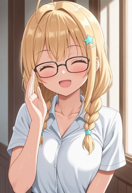 masterpiece,best quality,amazing quality, nonoa miyamae, 1girl, solo, long hair, blush, smile, open mouth, blonde hair, shirt, hair ornament, collarbone, white shirt, upper body, braid, short sleeves, :d, glasses, collared shirt, indoors, hand up, star (symbol), twin braids, ^_^, facing viewer, black-framed eyewear, star hair ornament