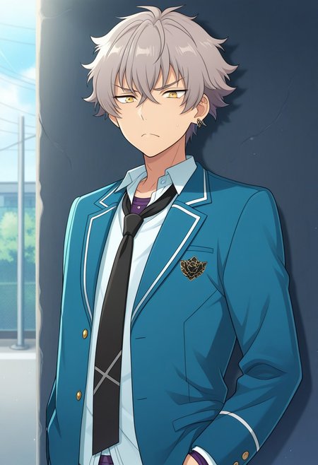 masterpiece,best quality,amazing quality, source_anime, 
kogaoogami, 1boy, male focus, solo, yellow eyes, grey hair, jewelry, earrings, school uniform, purple undershirt, shirt, white shirt, collared shirt, necktie, black necktie, jacket, blazer, blue jacket, open jacket, long sleeves, frown,
outdoor,