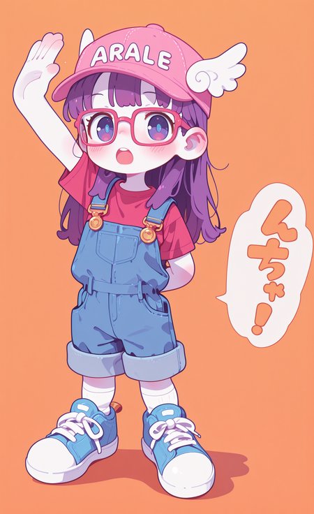 masterpiece,best quality,amazing quality, 
Arale,
1girl, solo, long hair, blush, open mouth, blue eyes, simple background, shirt, hat, standing, purple eyes, full body, purple hair, short sleeves, shoes, socks, glasses, speech bubble, arm up, upper teeth only, colored skin, shadow, white socks, red shirt, sneakers, t-shirt, baseball cap, arm behind back, blue footwear, orange background, overalls, pink headwear, rectangular eyewear, winged hat, blue overalls, overall shorts, haiz_ai, in the style of cknc,
Flatline, Flat vector illustration <lora:ponyv6_noobE11_2_adamW-000017:0.3> <lora:checkpoint-e18_s306:1.5> <lora:ck-nc-cyberpunk-IL-000011:0.6> <lora:haiz_ai_illu:0.7>