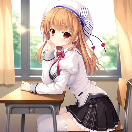 <lora:Asamiya_Shiina_1_nai-000027:1>,Asamiya Shiina,
school uniform,twin braids,white beret,hat bow,hat ribbon,white thighhighs,puffy long sleeves,white shirt,red bowtie,collared shirt,black skirt,miniskirt,frilled skirt,plaid skirt,pleated skirt,white ribbon,
BREAK
1girl,solo,looking at viewer,sitting,from side,arm support,on chair,desk,indoors,window,curtains,day,arm on table,depth of field,lens_flare,