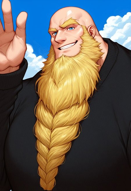 score_9,score_8_up,score_7_up, detailed face, detailed body, detailed eyes, Highest Quality, 4k, masterpiece, Amazing Details, (((GomTang, low angle, Half Body))), ((solo, 1boy, bara, blue eyes, smirk face, looking at viewer, massive pectorals)), ((Thick Eyebrows, Monobrow, Unibrow, Yellow eyebrow)), (completely bald),, Unibrow, Long Sleeve, Hypermuscle, ((Yellow Beard, Epic Beard, Large Beard, Man With A Very Long Beard, Beard)), Goliath, Tall, <lora:Big_Braided_Beards:1,<lora:Cruz'sBeardedMan:0.7>, Sky Background With A Sun, Waving Hand, Strong Triangular Jawline, Rugged Features, 40-year Old Man, Mature Male