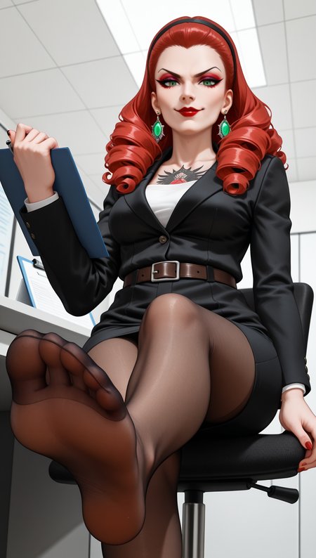 <lora:pauline-pdxl-nvwls-v1:0.4>,
smopalne, long red hair, green eyes, eyeshadow, red lipstick, medium breasts, earrings, black jacket, black pants, black skirt, looking at viewer, serious, smiling, sitting, legs crossed,  from below, inside office, on chair, desk, holding clipboard, pantyhose, stockings. <lora:add-detail-xl:1>,  <lora:HandFineTuning_XL:1>,  <lora:Rockabilly:0.4> r0ckabilly, Lipstick, earrings, tattoo, curly hair, belt, dress, hairband,  soles, foot focus,  <lora:Tattoo:0.7> Tattoo,  <lora:pantyhose_soles:0.5> pantyhose_soles, pantyhose, soles